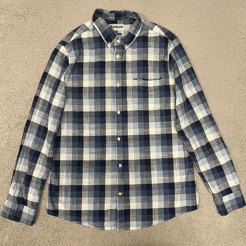 Barbour Hillroad Shirt Men's Size M Blue‎ Plaid Flannel Tailored Fit Button Down